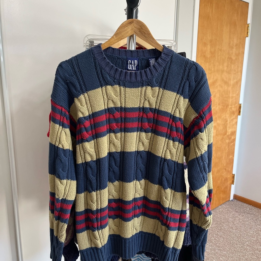 GAP Men's Cable Knit Sweater - Navy, Red, Yellow